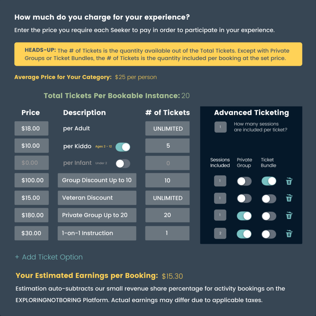 The pricing fields and options for One-Off Activities on exploringnotboring.com