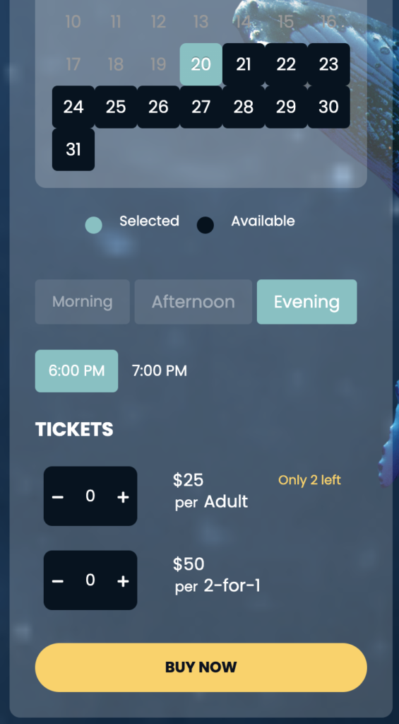 Screenshot of the EXPLORINGNOTBORING Event Booking System for Event Marketing - Image shows alert for limited tickets left.