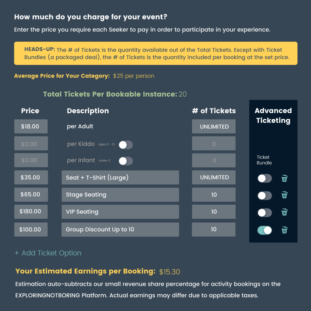 Pricing fields and options for One-Off Event Listings on exploringnotboring.com