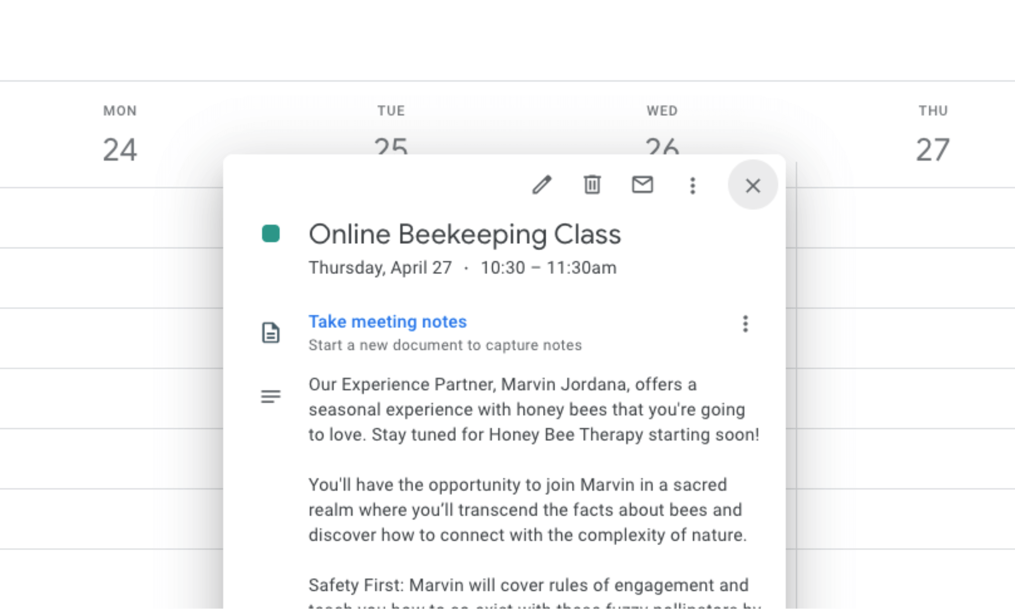 Google calendar integration showcasing an Online Beekeeping Class