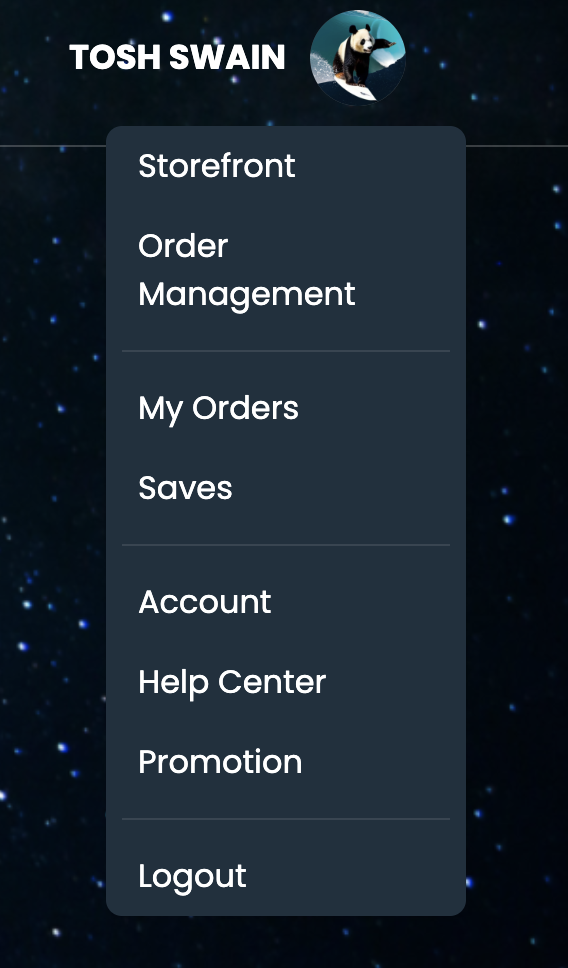 Screenshot of the Partner Storefront dropdown menu