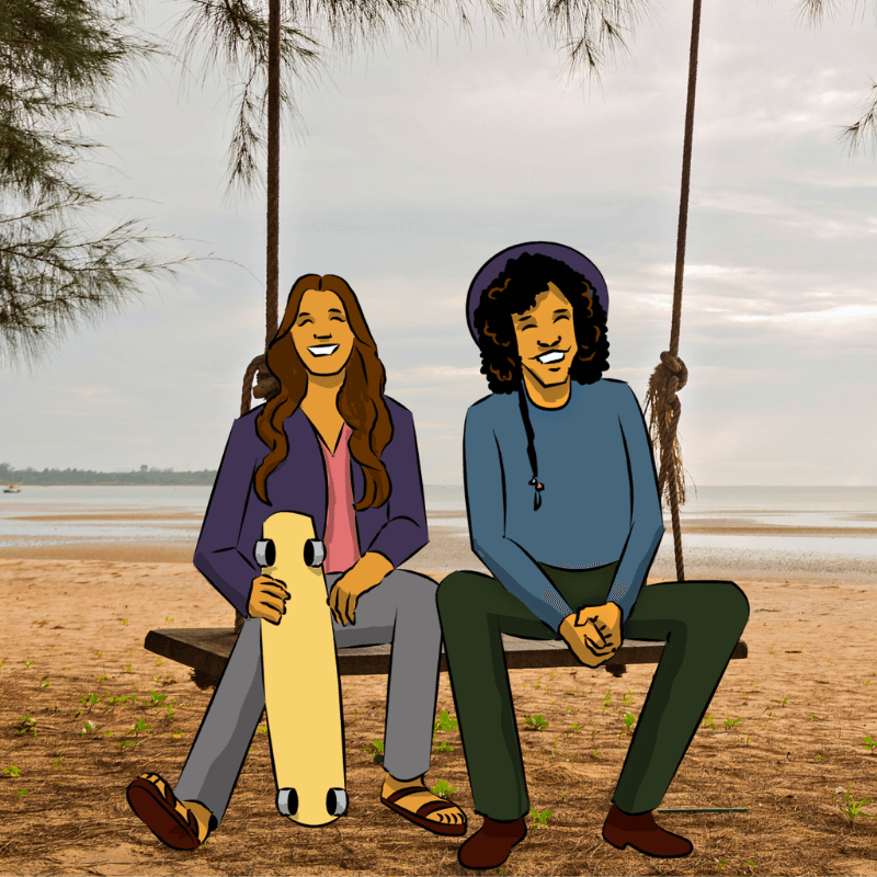 Cartoon Kaysie & Tosh sitting on a beach swing, enjoying life and all its big & little wonders. With sand beneath their feet and waves crashing in the background, life is good!